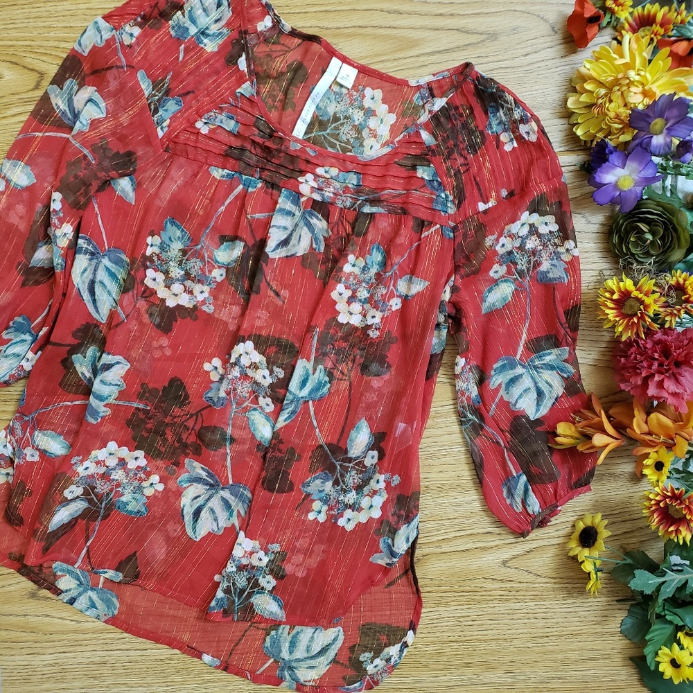 LC Lauren Conrad Red Gold Floral Pleated Top